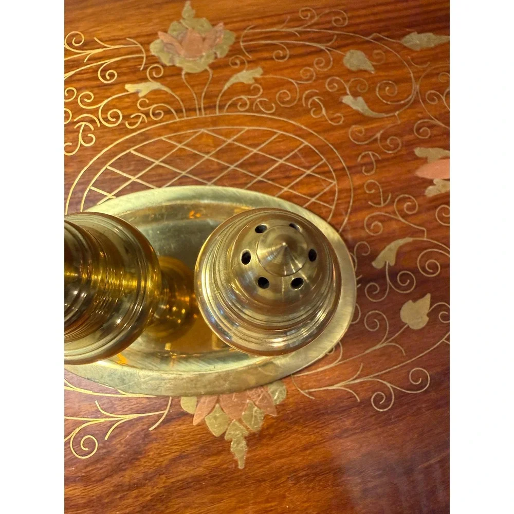 Vintage Brass Salt and Pepper‎ Shaker Set with Tray